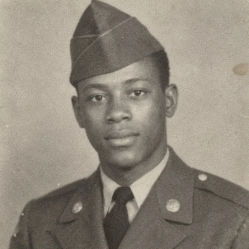 Three old photos: a soft front-facing face, a side profile, and a crease through the background