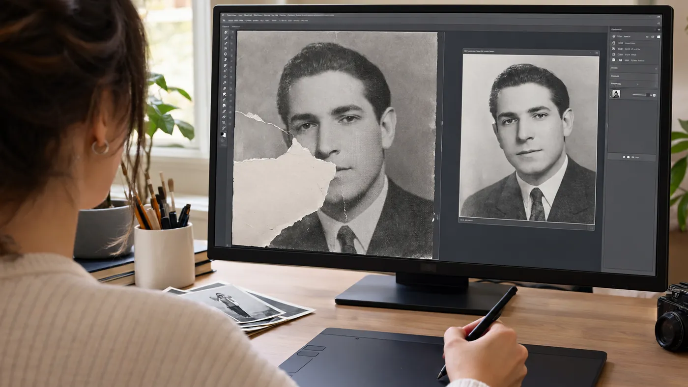 Human restorer rebuilding a torn face from another photo of the same man