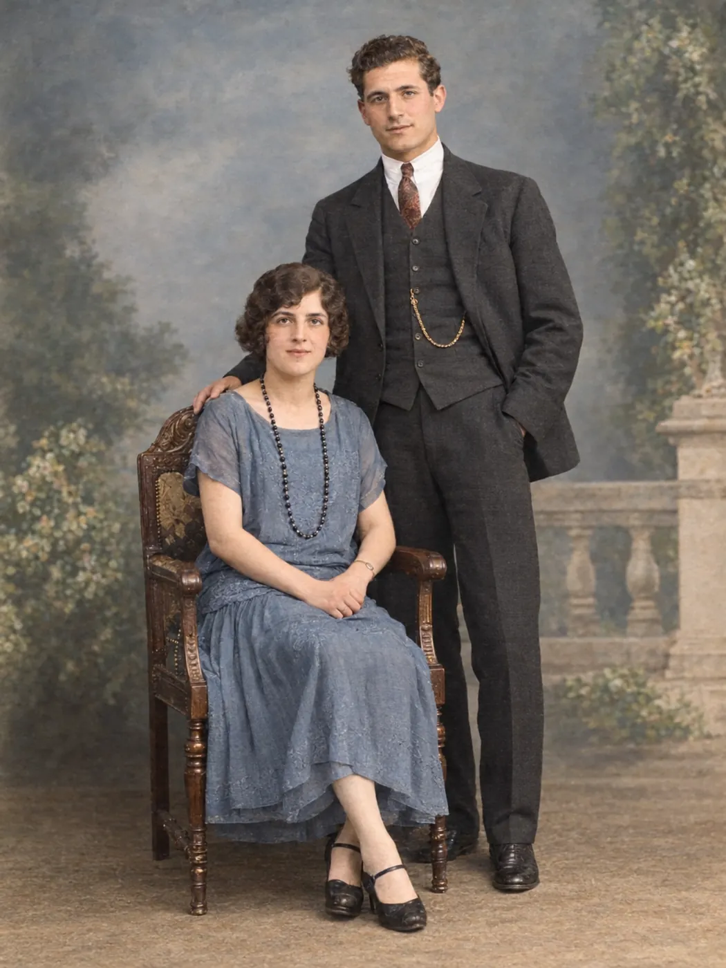 1920s sepia couple portrait colorized for a family tree