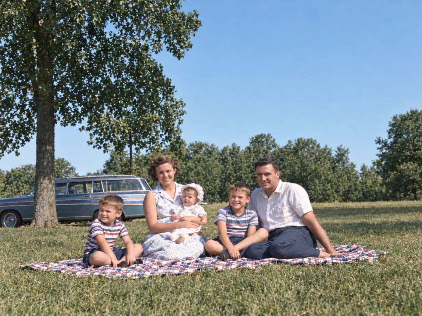 1950s family picnic photo turned from black and white to color, scratches repaired